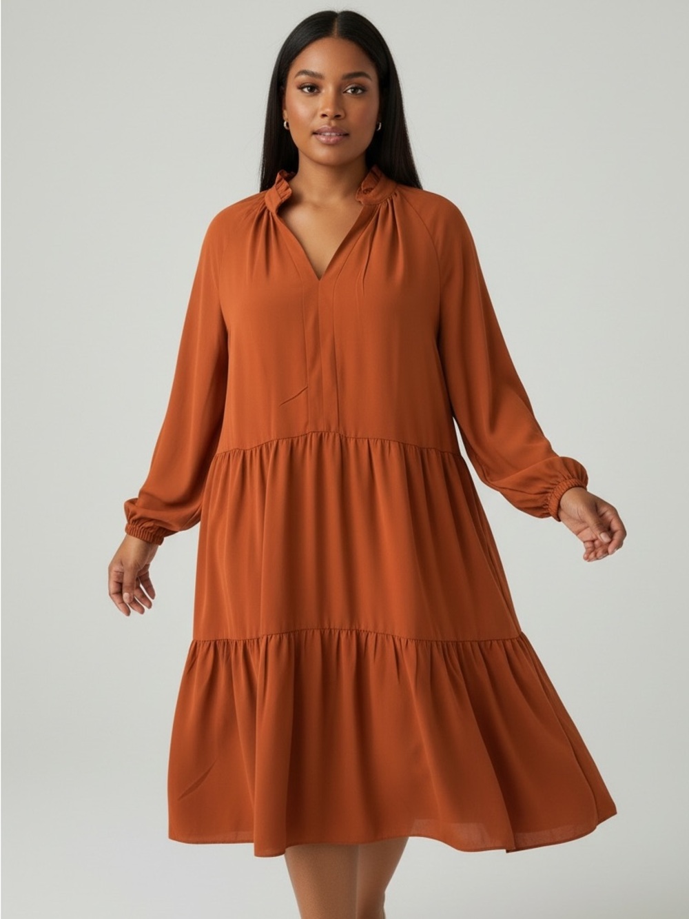 MSK Rust Tiered Long-Sleeve V-Neck Dress